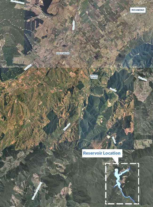 Map showing location of Waimea Community Dam and reservoir
